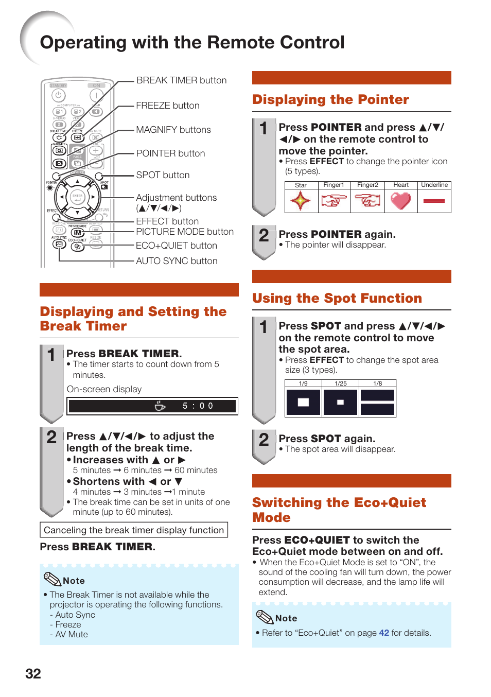 Useful features, Operating with the remote control, Displaying and setting the break timer | Displaying the pointer, Using the spot function, Switching the eco+quiet mode, Useful, Featur, Displaying and setting the, Break timer | Sharp PG-D40W3D User Manual | Page 36 / 69