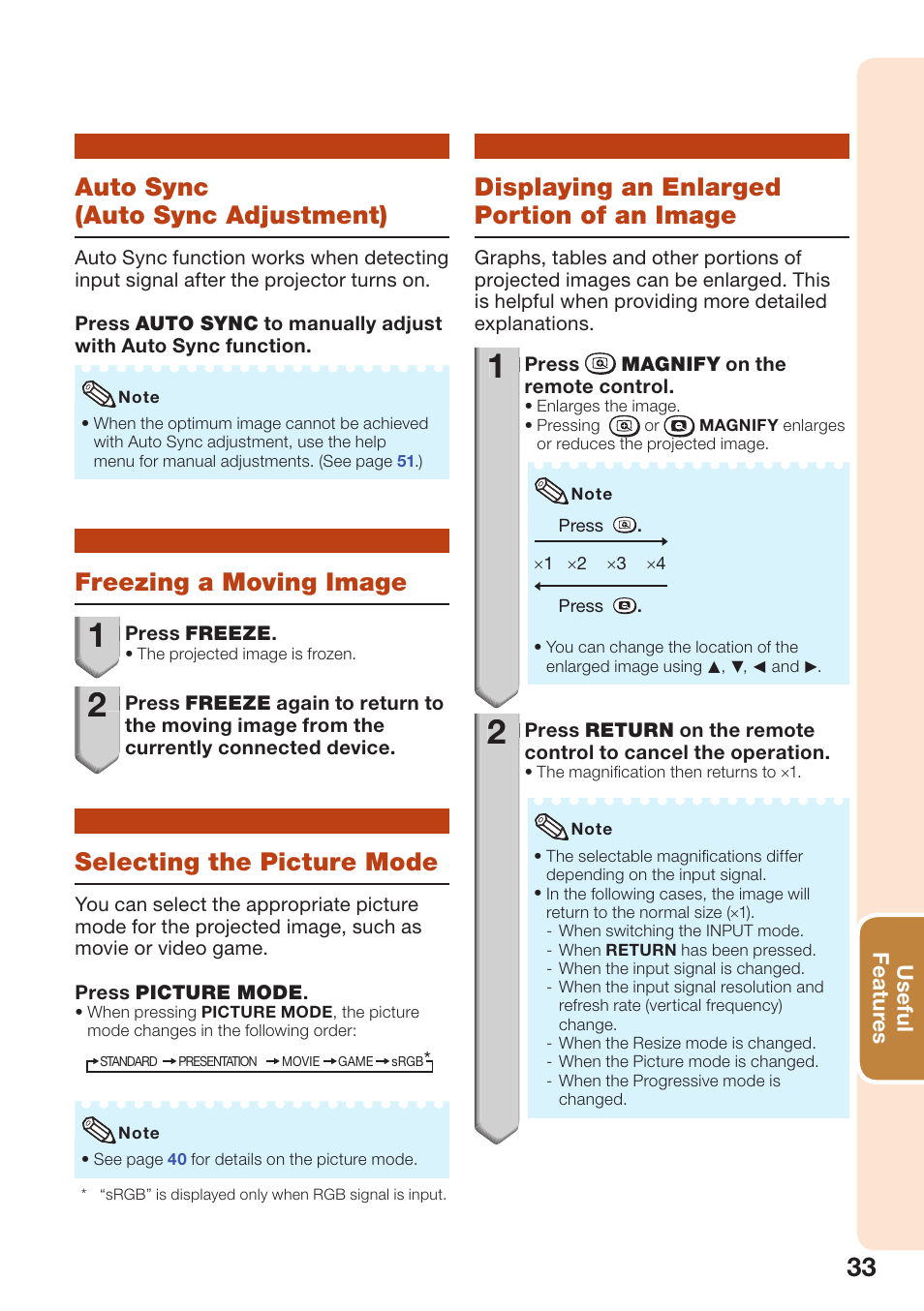 Auto sync (auto sync adjustment), Freezing a moving image, Selecting the picture mode | Displaying an enlarged portion of an image, An image | Sharp PG-D40W3D User Manual | Page 37 / 69