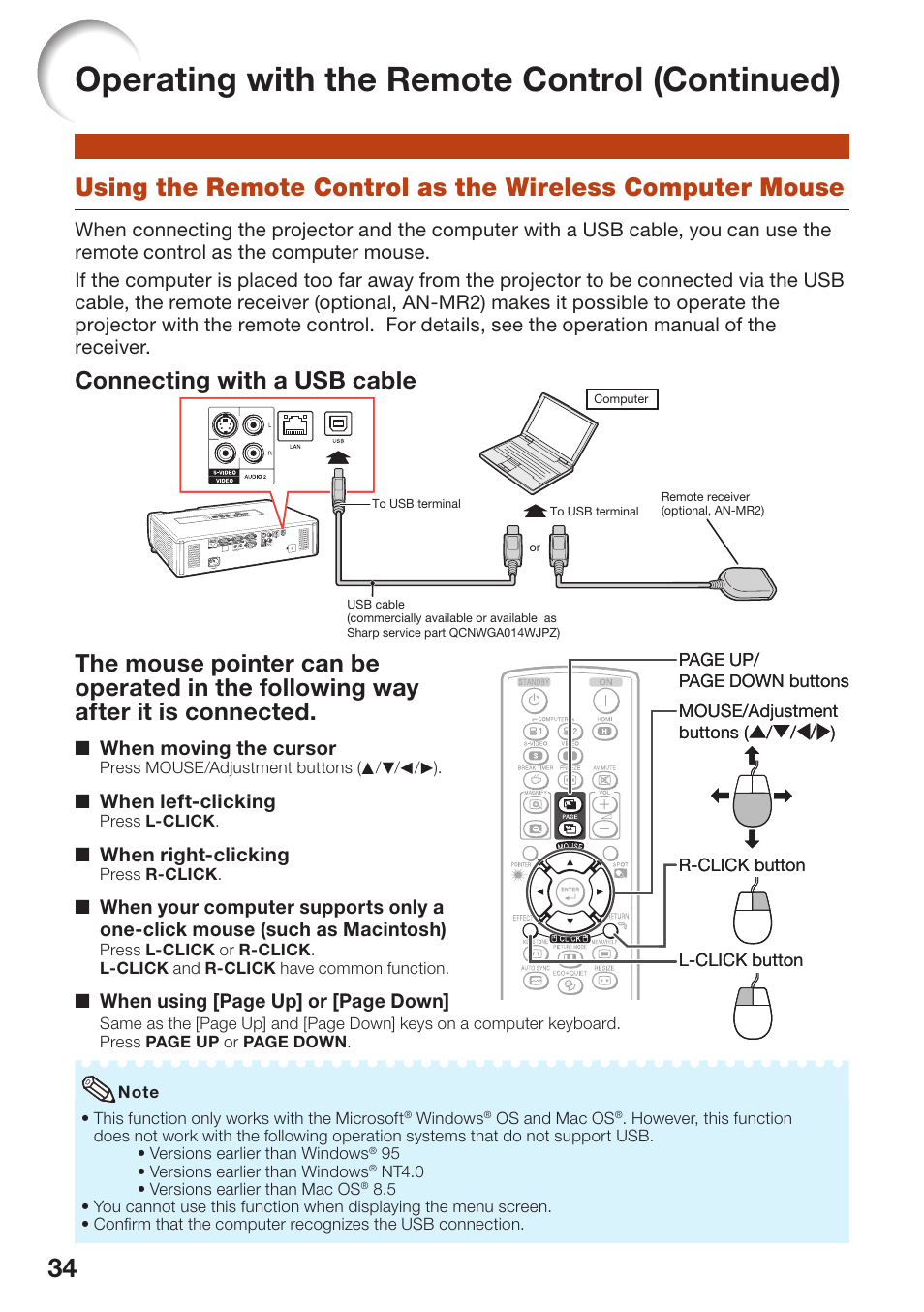 Using the remote control as the, Wireless computer mouse, Operating with the remote control (continued) | Connecting with a usb cable | Sharp PG-D40W3D User Manual | Page 38 / 69