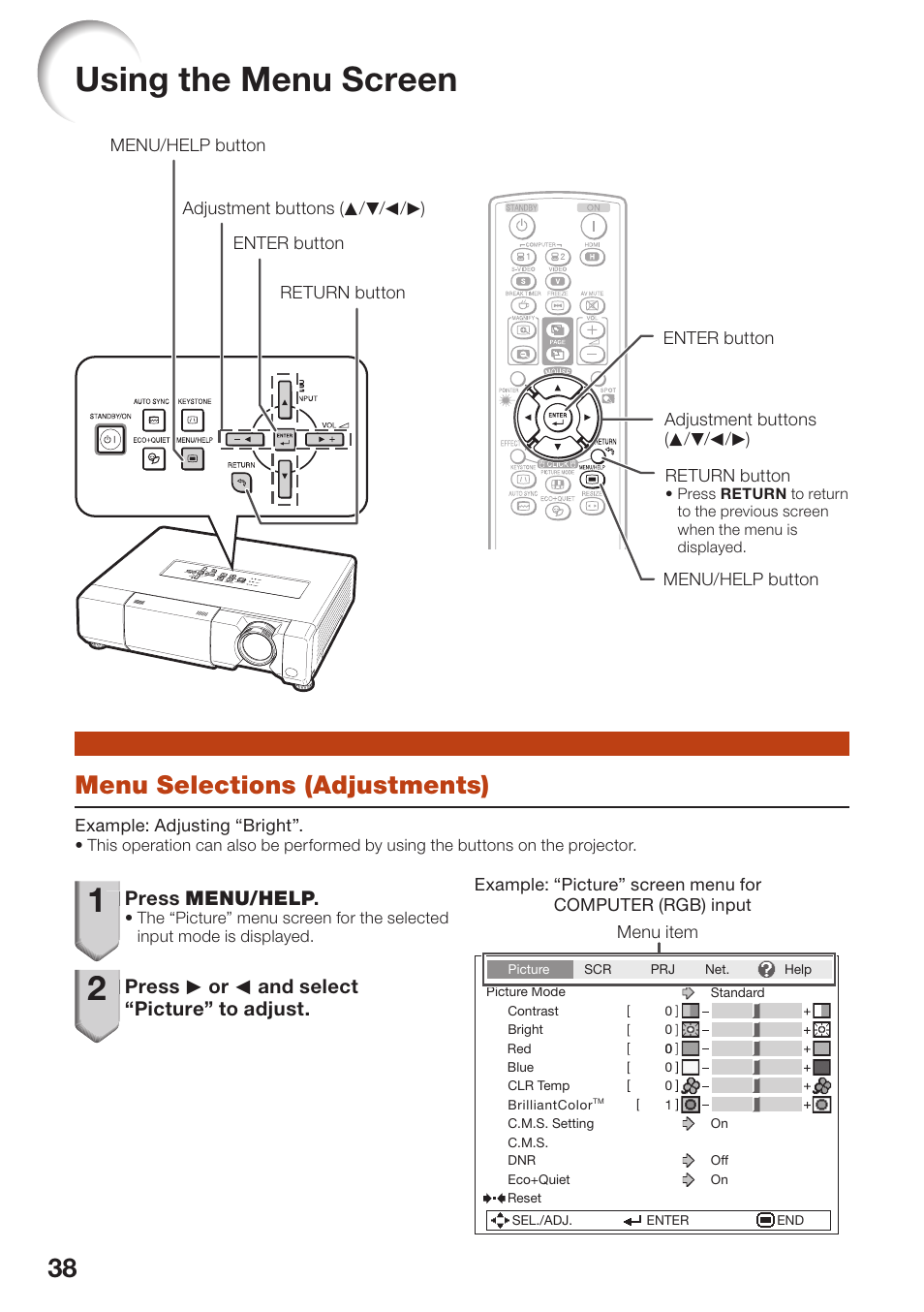 Using the menu screen, Menu selections (adjustments) | Sharp PG-D40W3D User Manual | Page 42 / 69