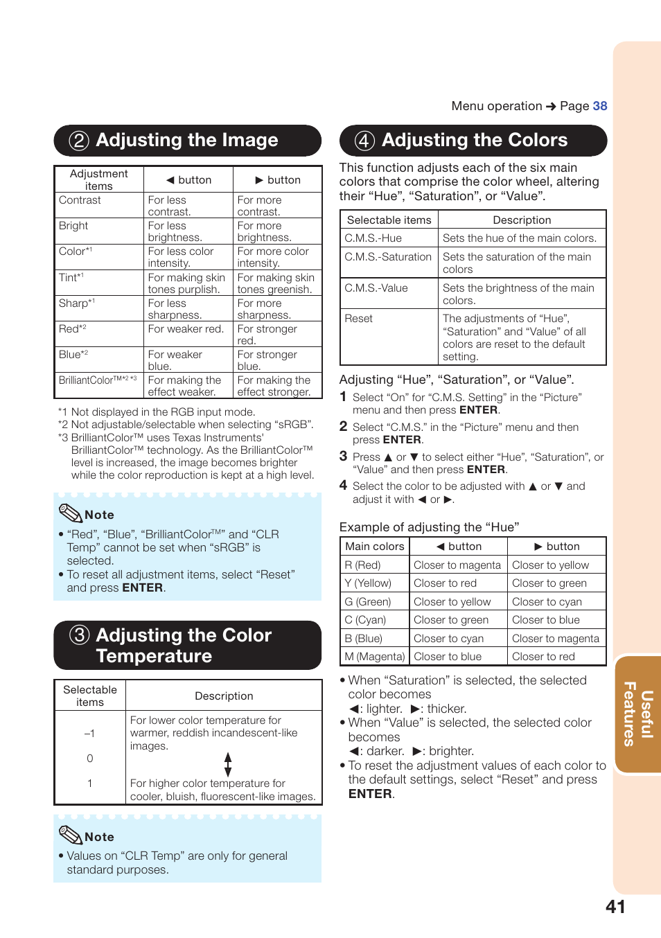 Adjusting the image, Adjusting the color temperature, Adjusting the colors | 2 adjusting the image, 3 adjusting the color temperature, 4 adjusting the colors, Useful featur es | Sharp PG-D40W3D User Manual | Page 45 / 69