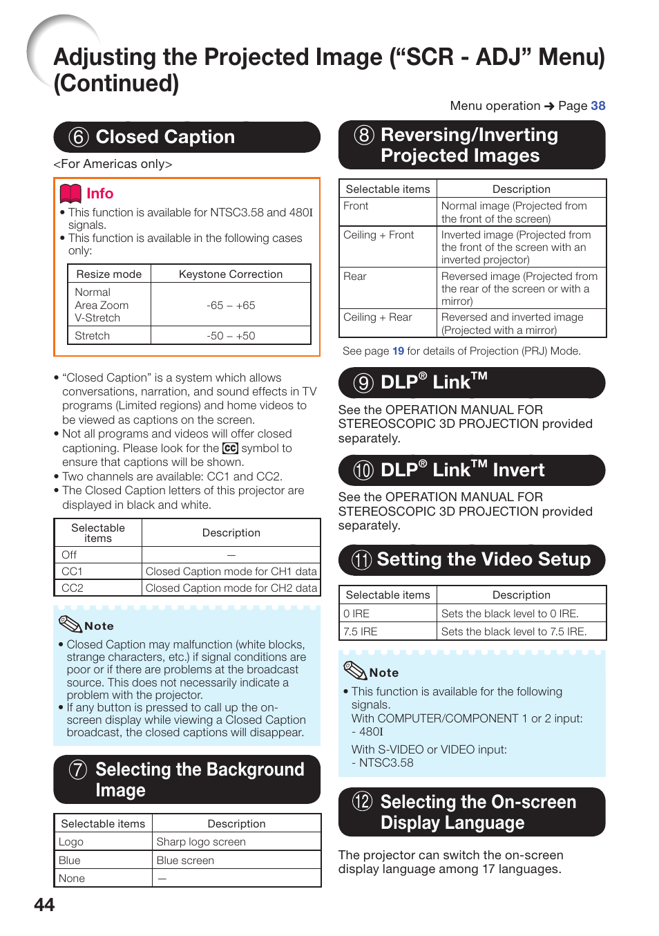 Closed caption, Selecting the background image, Reversing/inverting projected images | Dlp® linktm, Dlp® linktm invert, Setting the video setup, Selecting the on-screen display language, Link, Invert, Language | Sharp PG-D40W3D User Manual | Page 48 / 69
