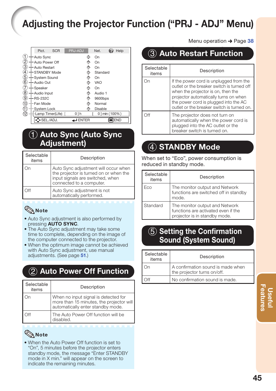 Auto sync (auto sync adjustment), Auto power off function, Auto restart function | Standby mode, Setting the confirmation sound (system sound), Adjusting the projector function, Prj - adj” menu), System sound), 1 auto sync (auto sync adjustment), 2 auto power off function | Sharp PG-D40W3D User Manual | Page 49 / 69