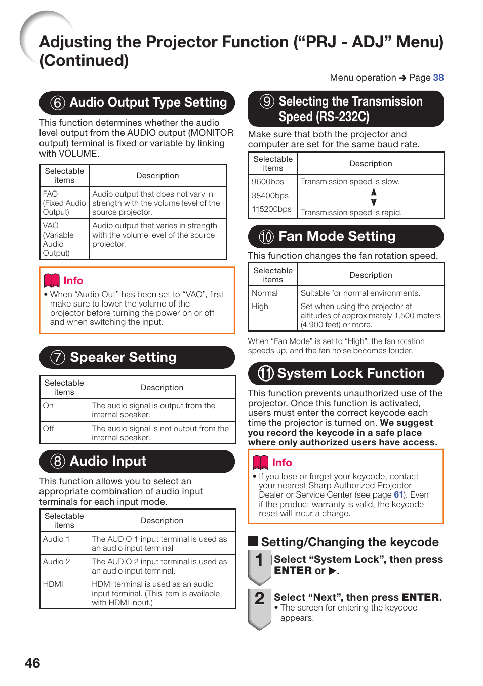 Audio output type setting, Speaker setting, Audio input | Selecting the transmission speed (rs-232c), Fan mode setting, System lock function, Rs-232c), Fan mode setting system lock function, 46 6 audio output type setting, 7 speaker setting | Sharp PG-D40W3D User Manual | Page 50 / 69