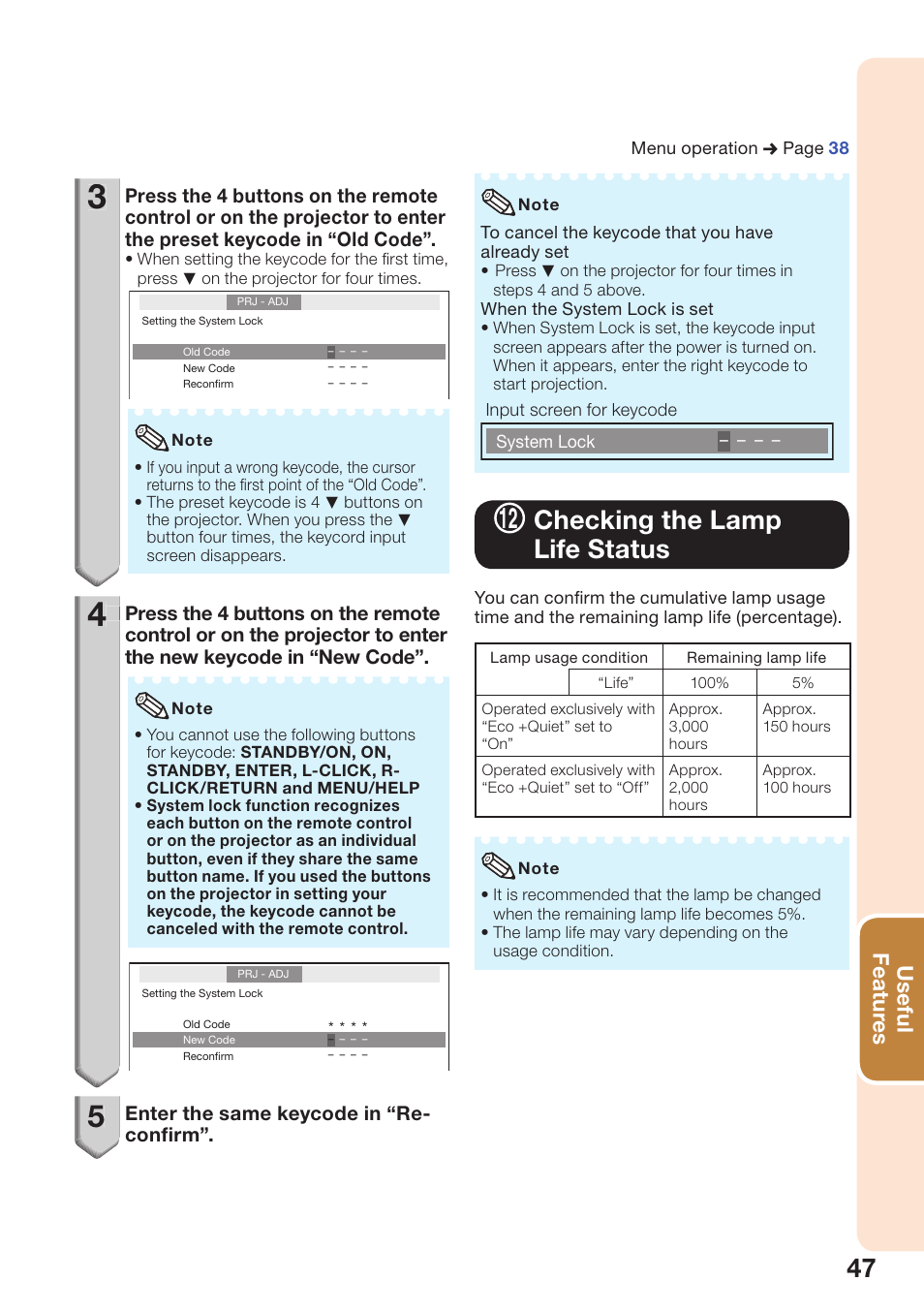 Checking the lamp life status, Useful featur es | Sharp PG-D40W3D User Manual | Page 51 / 69