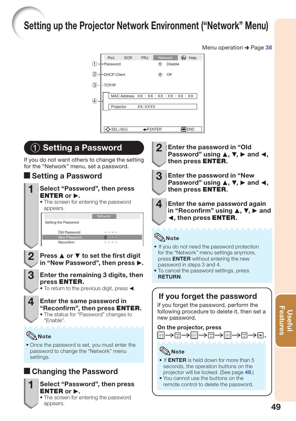 Setting a password, Setting up the projector network, Environment (“network” menu) | 1 setting a password, A setting a password, A changing the password, If you forget the password | Sharp PG-D40W3D User Manual | Page 53 / 69