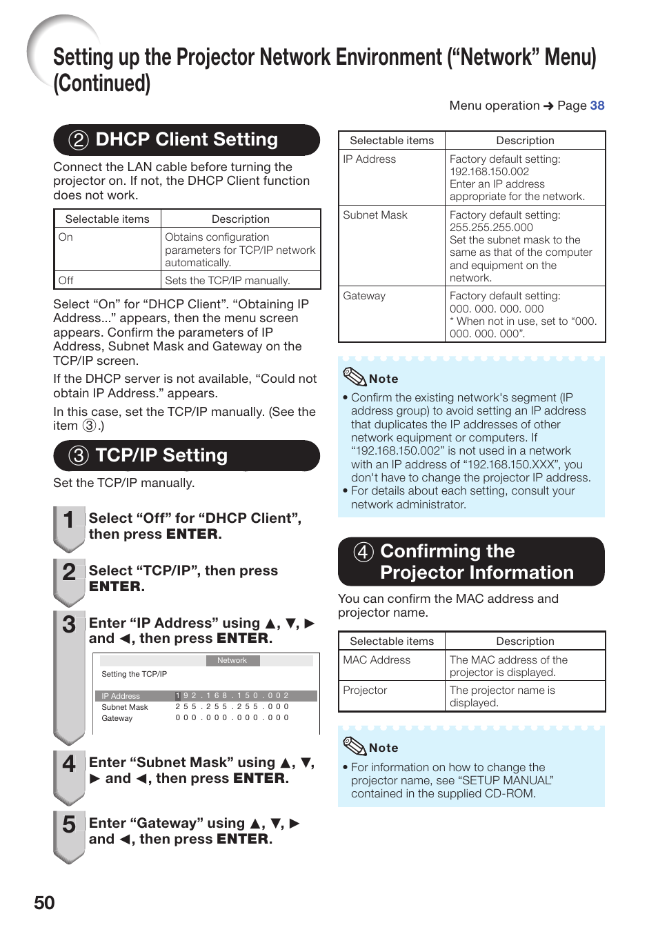 Dhcp client setting, Tcp/ip setting, Confirming the projector information | 50 2 dhcp client setting, 3 tcp/ip setting, 4 confi rming the projector information | Sharp PG-D40W3D User Manual | Page 54 / 69