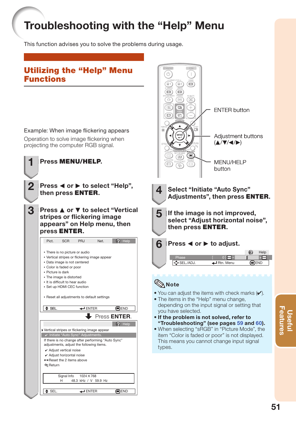 Troubleshooting with the “help” menu, Utilizing the “help” menu functions, Troubleshooting with the | Help” menu, Useful featur es | Sharp PG-D40W3D User Manual | Page 55 / 69