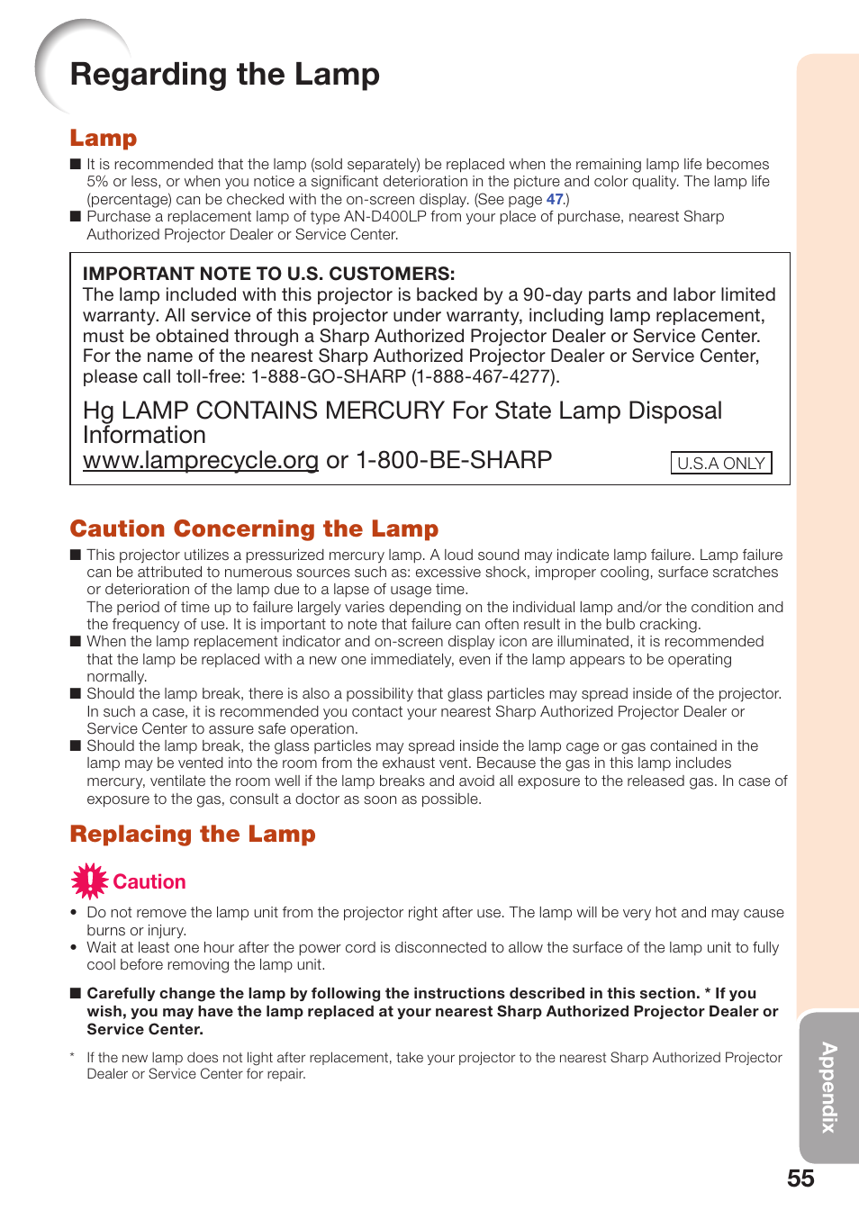 Regarding the lamp, Lamp, Caution concerning the lamp | Replacing the lamp | Sharp PG-D40W3D User Manual | Page 59 / 69