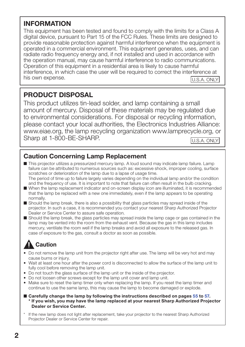 Information, Product disposal, Caution concerning lamp replacement | Sharp PG-D40W3D User Manual | Page 6 / 69