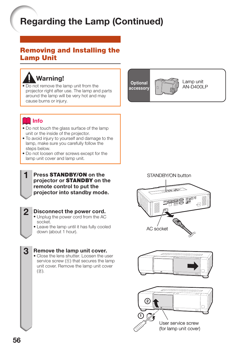 Removing and installing the lamp unit, Removing and installing the, Lamp unit | Regarding the lamp (continued) | Sharp PG-D40W3D User Manual | Page 60 / 69