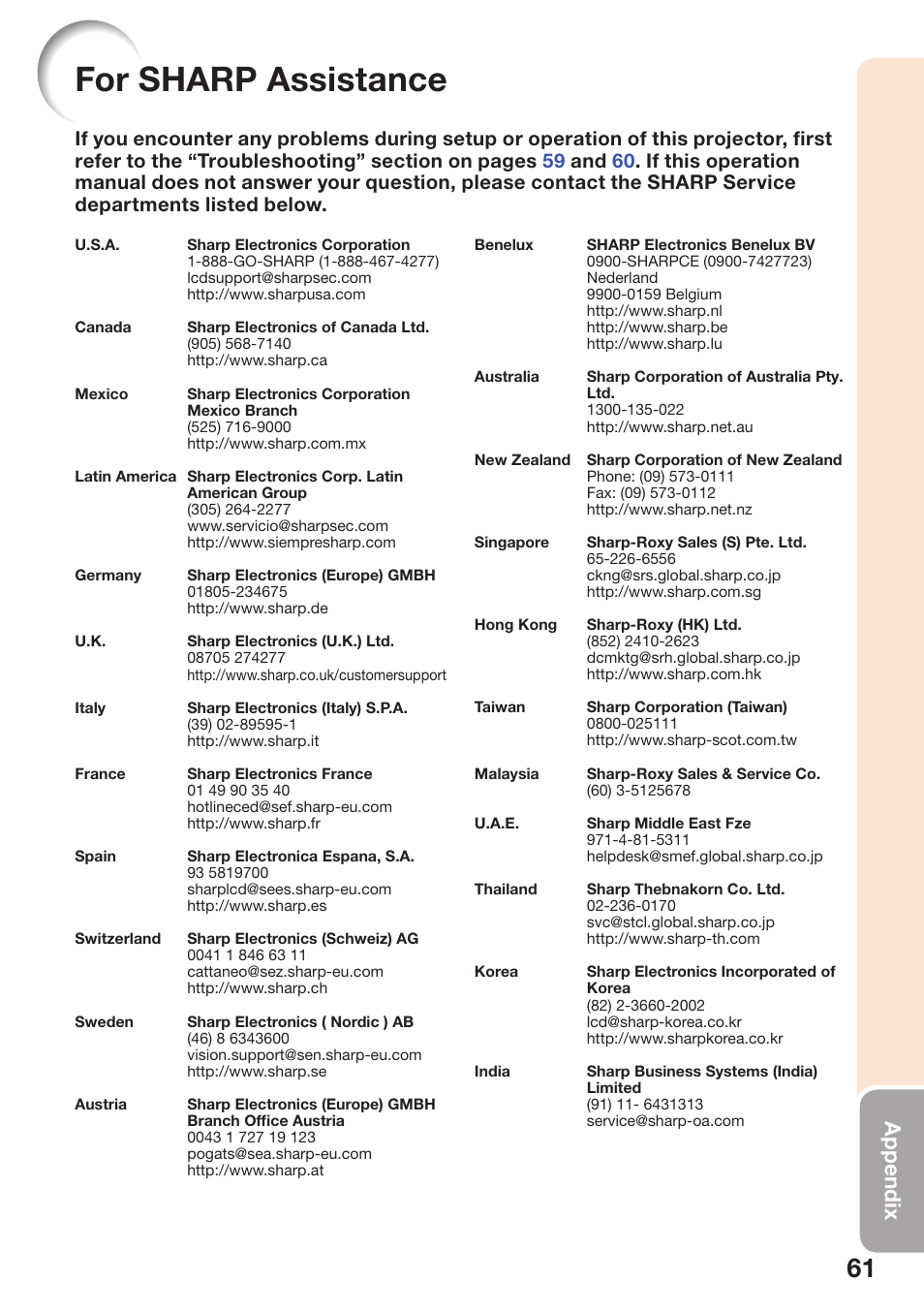 For sharp assistance, Appendix | Sharp PG-D40W3D User Manual | Page 65 / 69