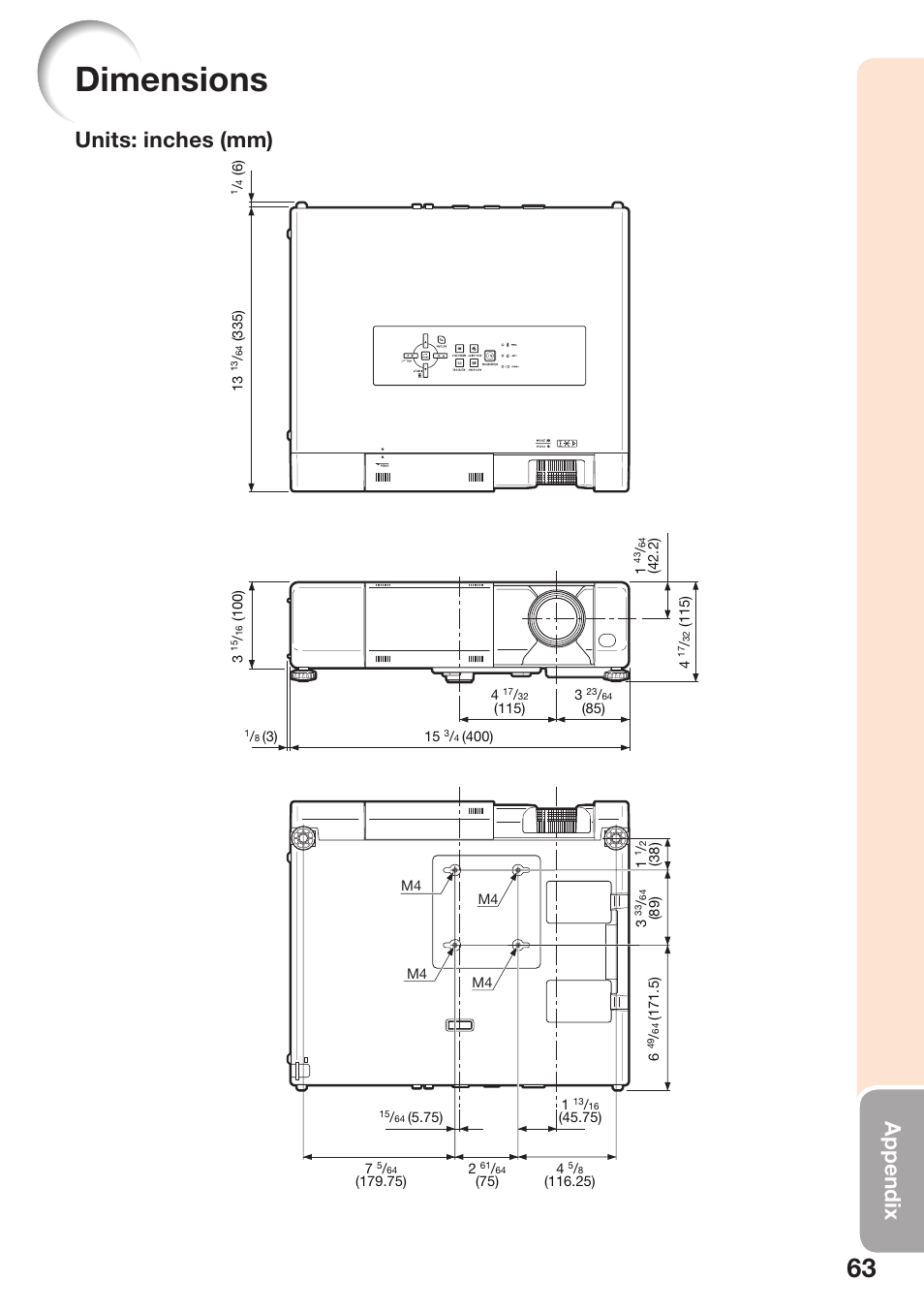 Dimensions, Appendix, Units: inches (mm) | Sharp PG-D40W3D User Manual | Page 67 / 69