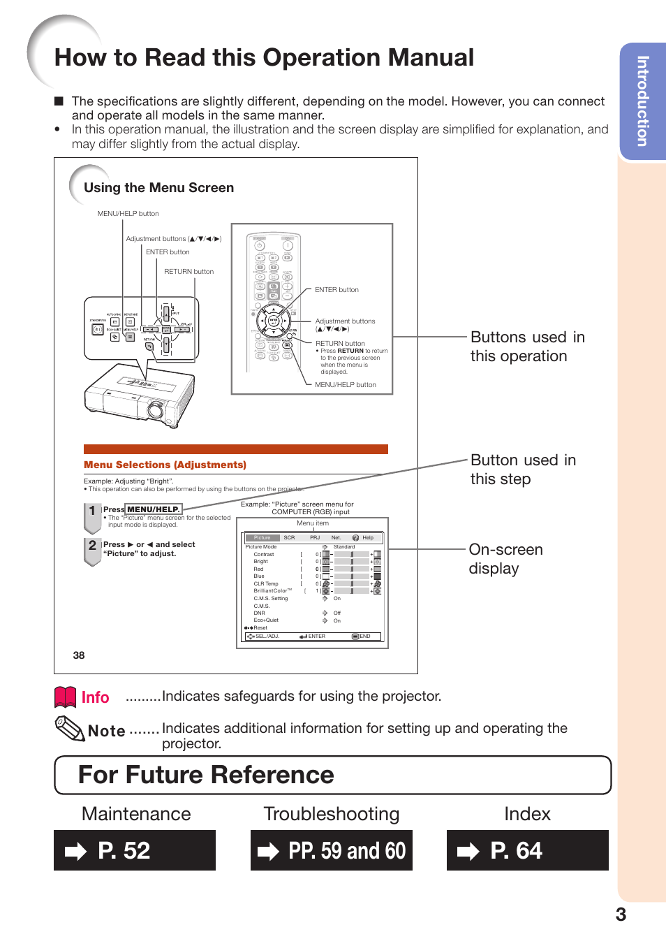 How to read this operation manual, For future reference, P . 52 | Pp . 59 and 60, P . 64, Maintenance, Troubleshooting, Index, Info, Intr oduction | Sharp PG-D40W3D User Manual | Page 7 / 69