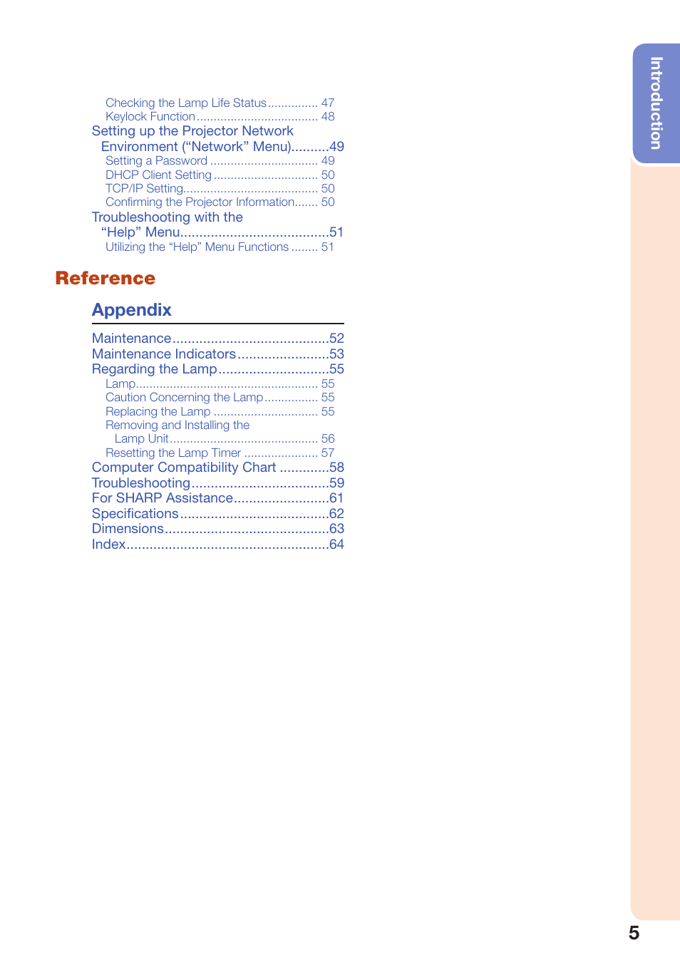 Reference, Appendix | Sharp PG-D40W3D User Manual | Page 9 / 69