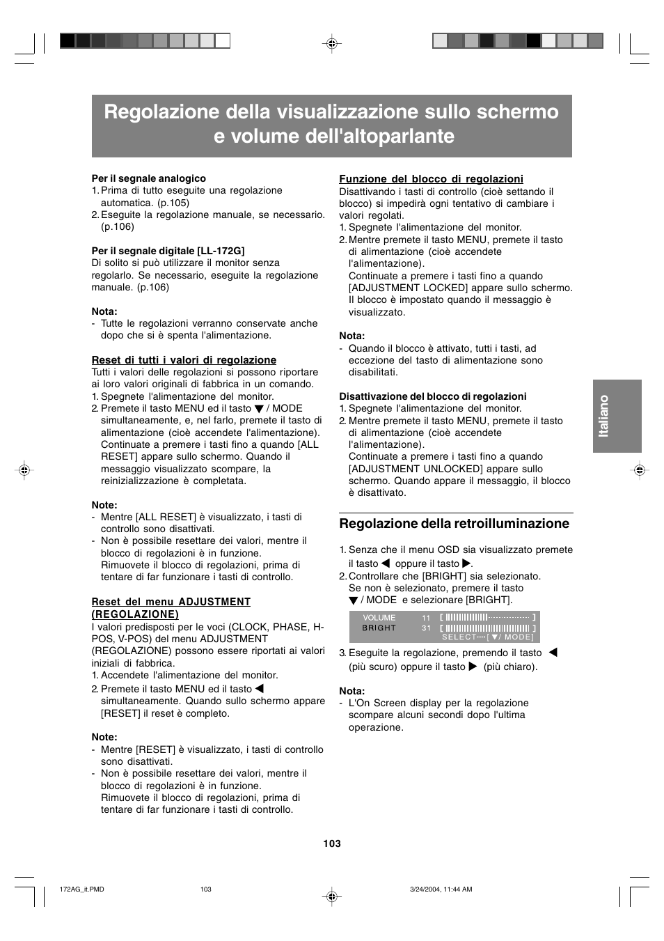 Regolazione della retroilluminazione | Sharp LL-172G User Manual | Page 103 / 152