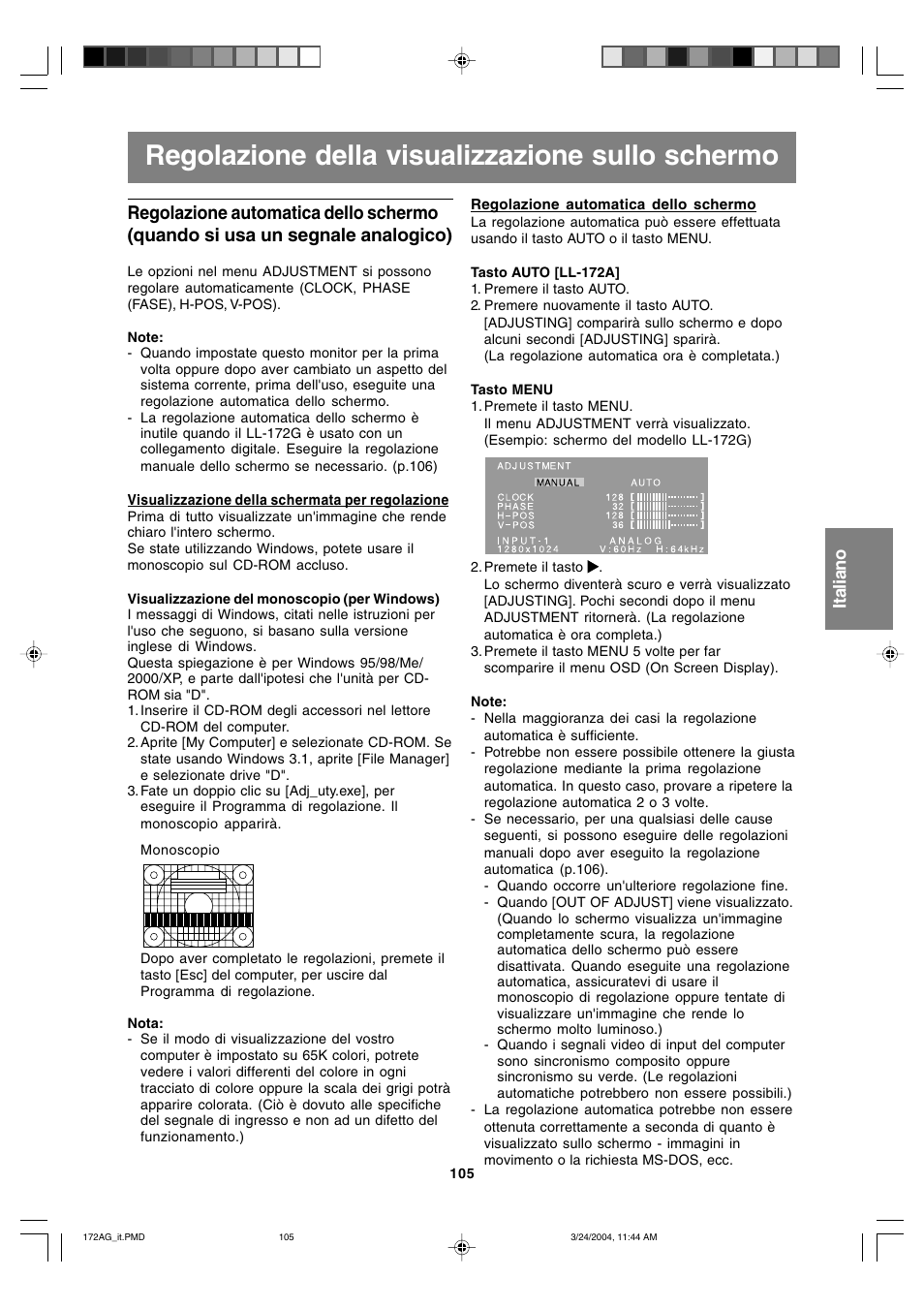 Regolazione della visualizzazione sullo schermo | Sharp LL-172G User Manual | Page 105 / 152