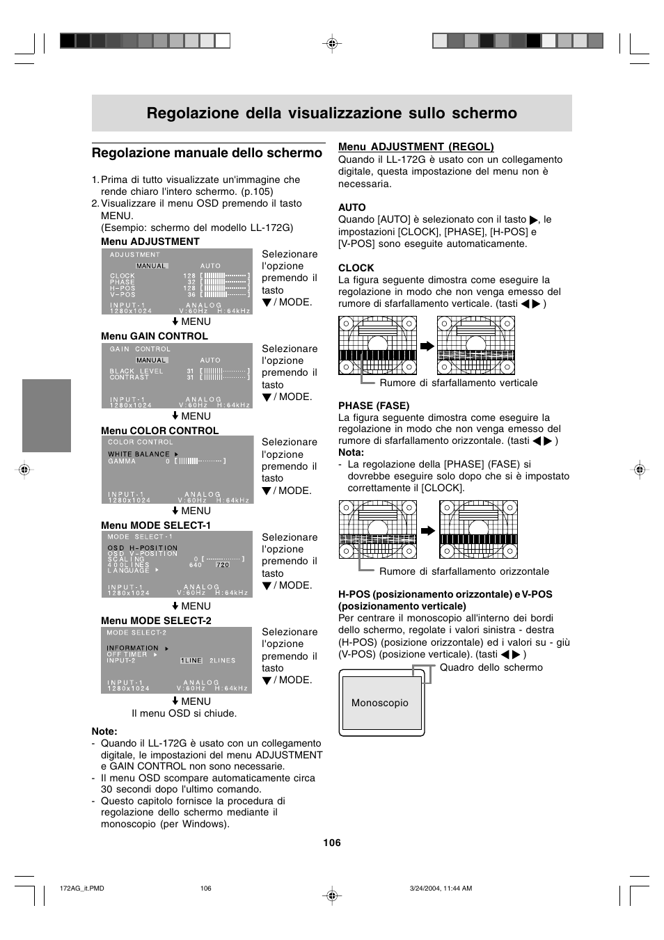 Regolazione della visualizzazione sullo schermo, Regolazione manuale dello schermo | Sharp LL-172G User Manual | Page 106 / 152