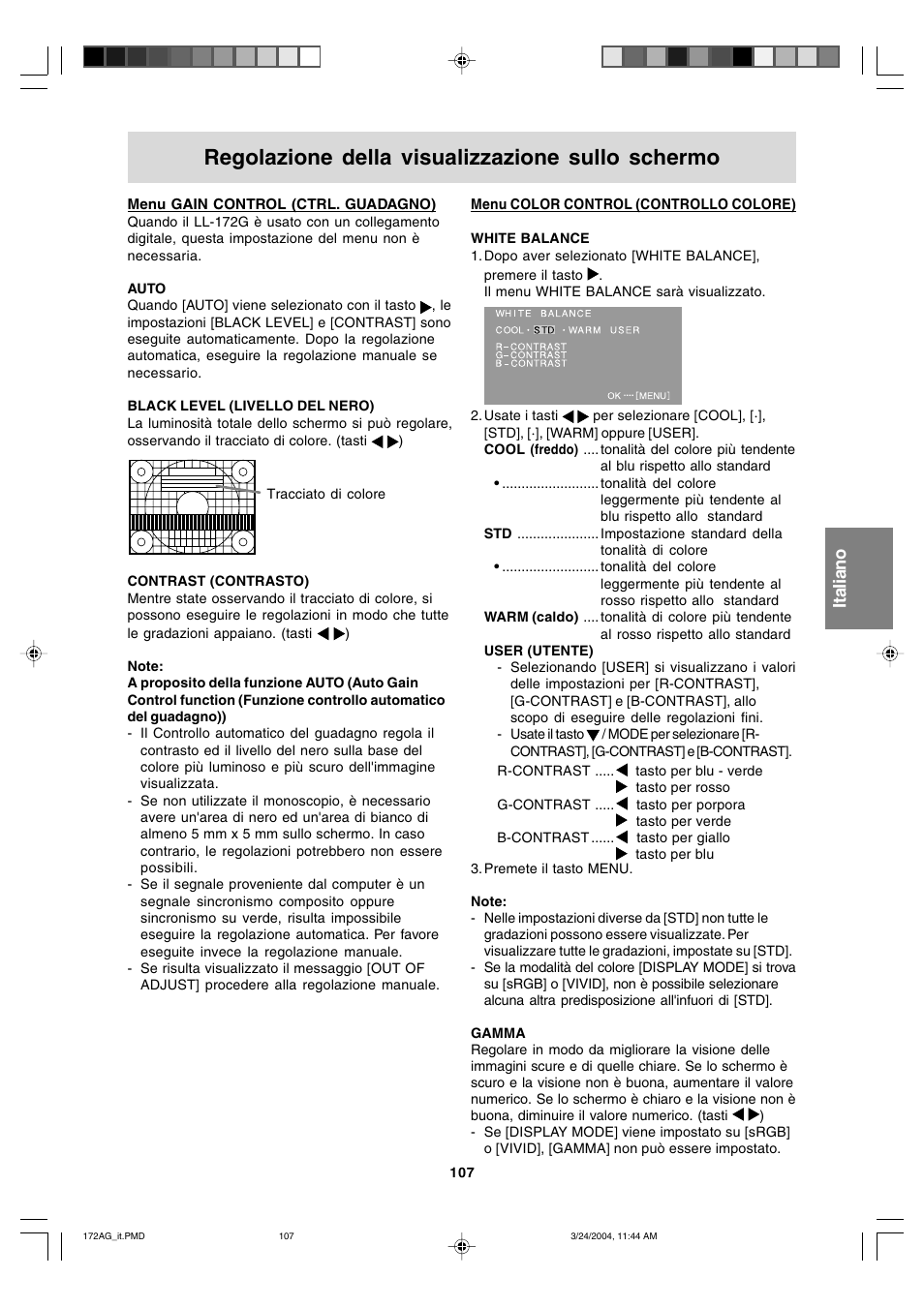 Regolazione della visualizzazione sullo schermo, English deutsch français italiano español english | Sharp LL-172G User Manual | Page 107 / 152