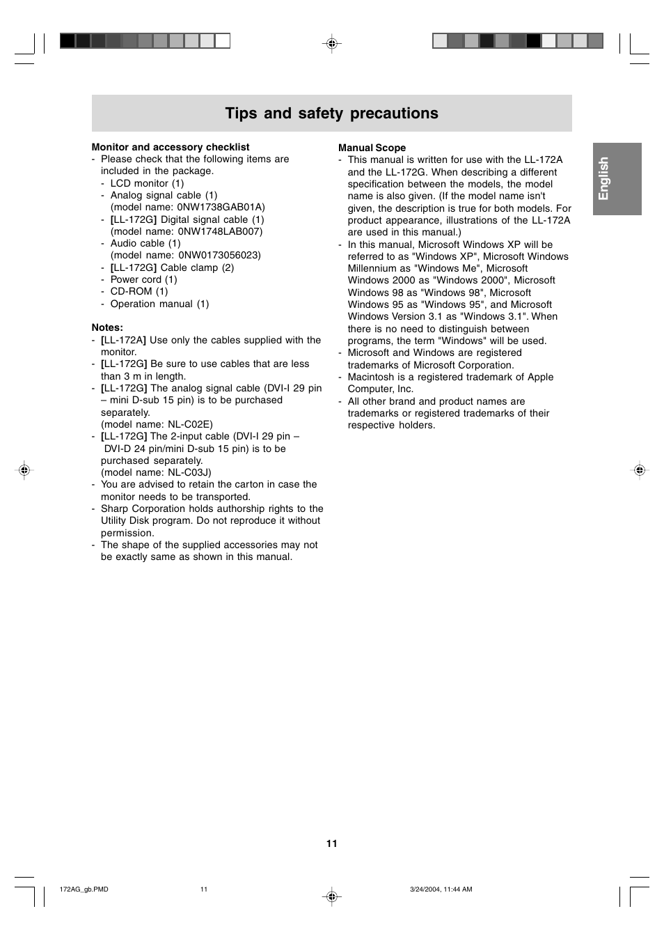 Tips and safety precautions, English deutsch français italiano español english | Sharp LL-172G User Manual | Page 11 / 152