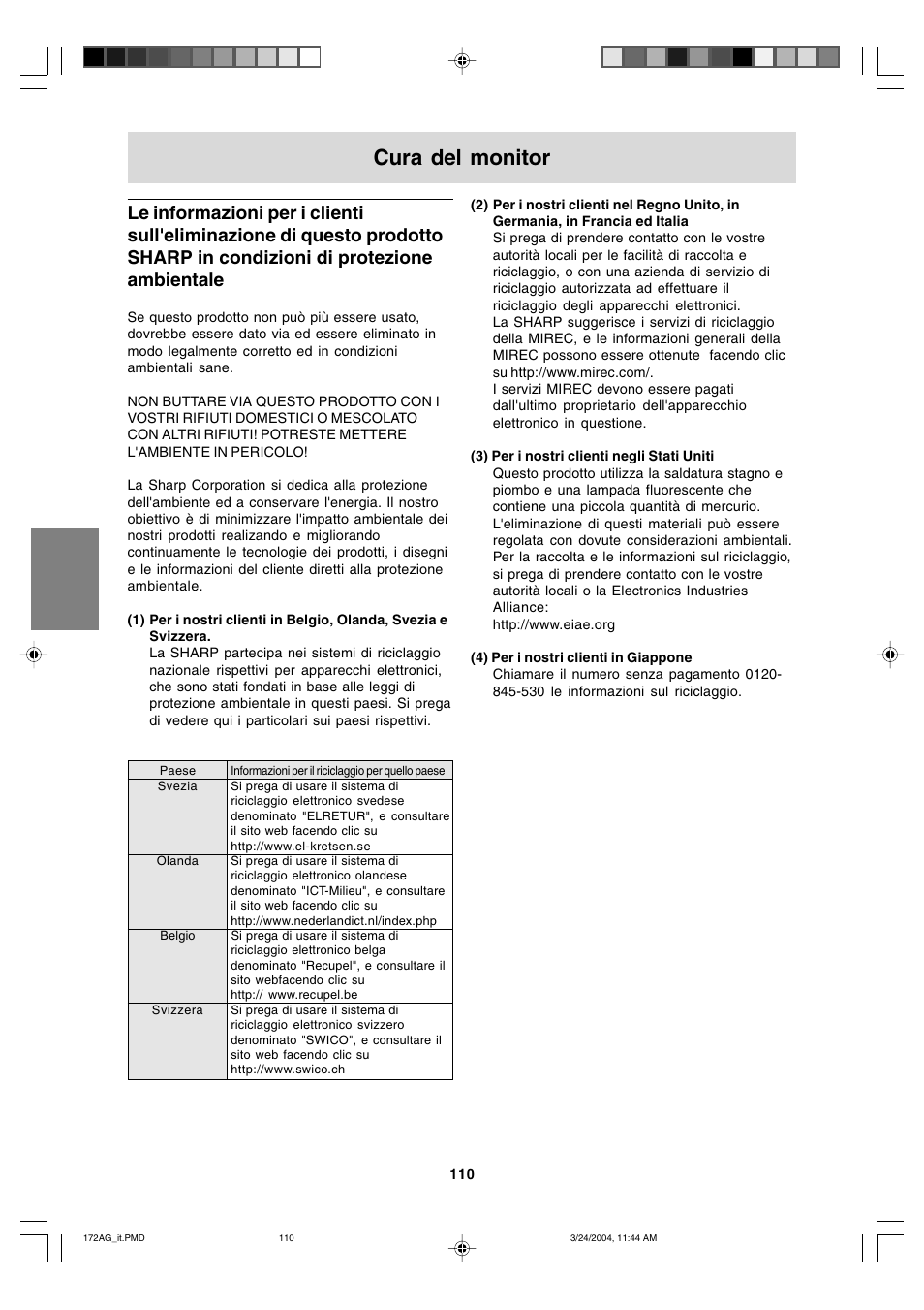 Cura del monitor | Sharp LL-172G User Manual | Page 110 / 152