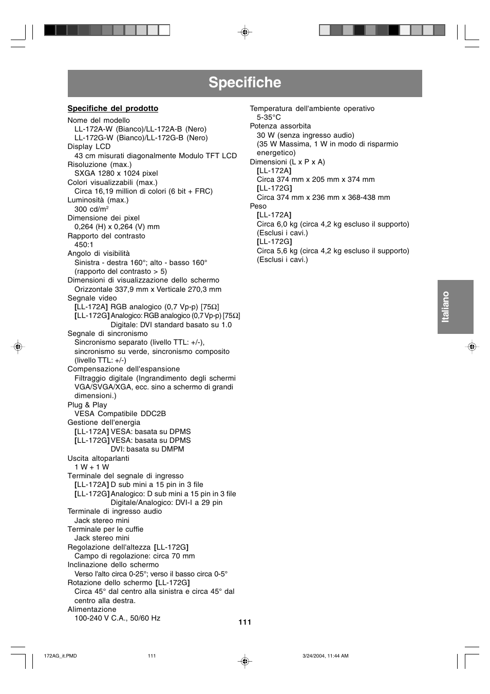 Specifiche, English deutsch français italiano español english | Sharp LL-172G User Manual | Page 111 / 152