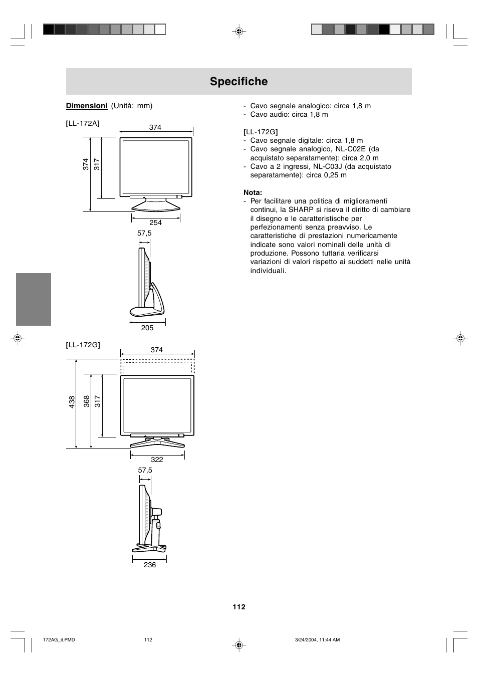 Specifiche | Sharp LL-172G User Manual | Page 112 / 152