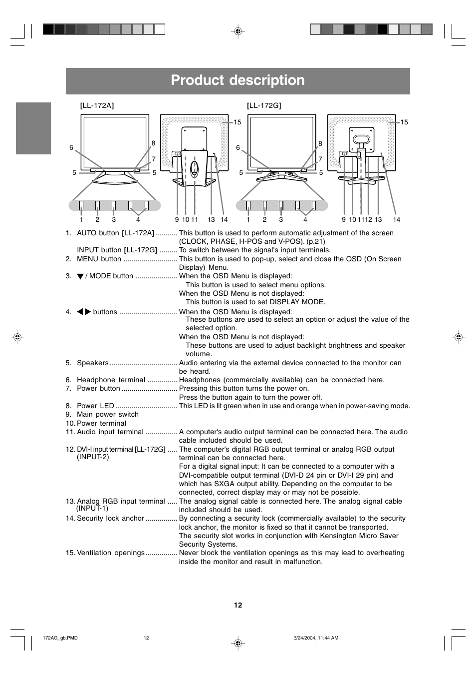 Product description | Sharp LL-172G User Manual | Page 12 / 152