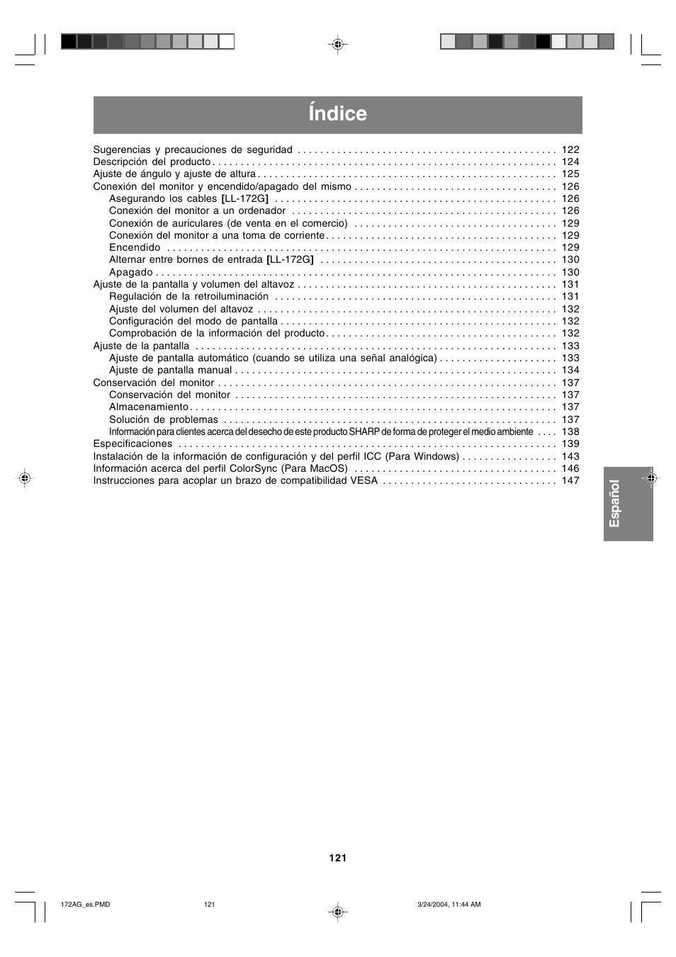 Índice | Sharp LL-172G User Manual | Page 121 / 152