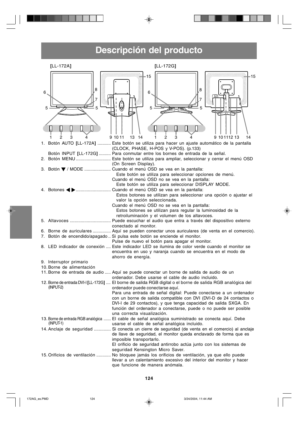 Descripción del producto | Sharp LL-172G User Manual | Page 124 / 152