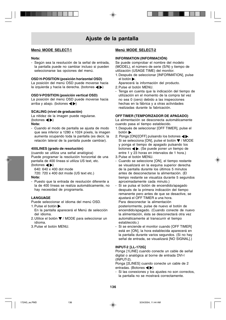 Ajuste de la pantalla | Sharp LL-172G User Manual | Page 136 / 152