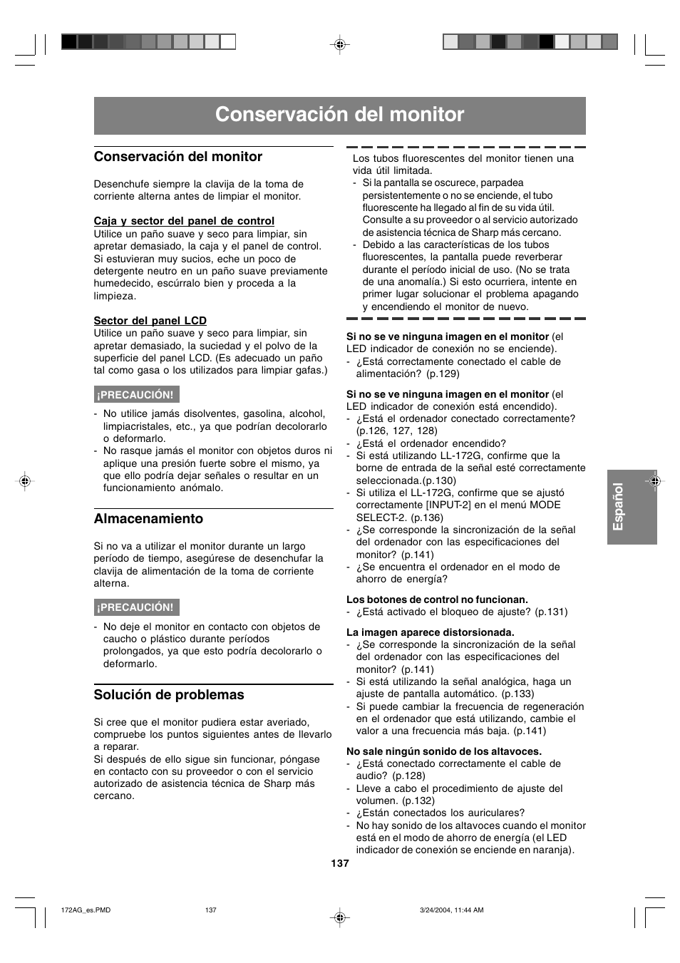 Conservación del monitor, Almacenamiento, Solución de problemas | Sharp LL-172G User Manual | Page 137 / 152