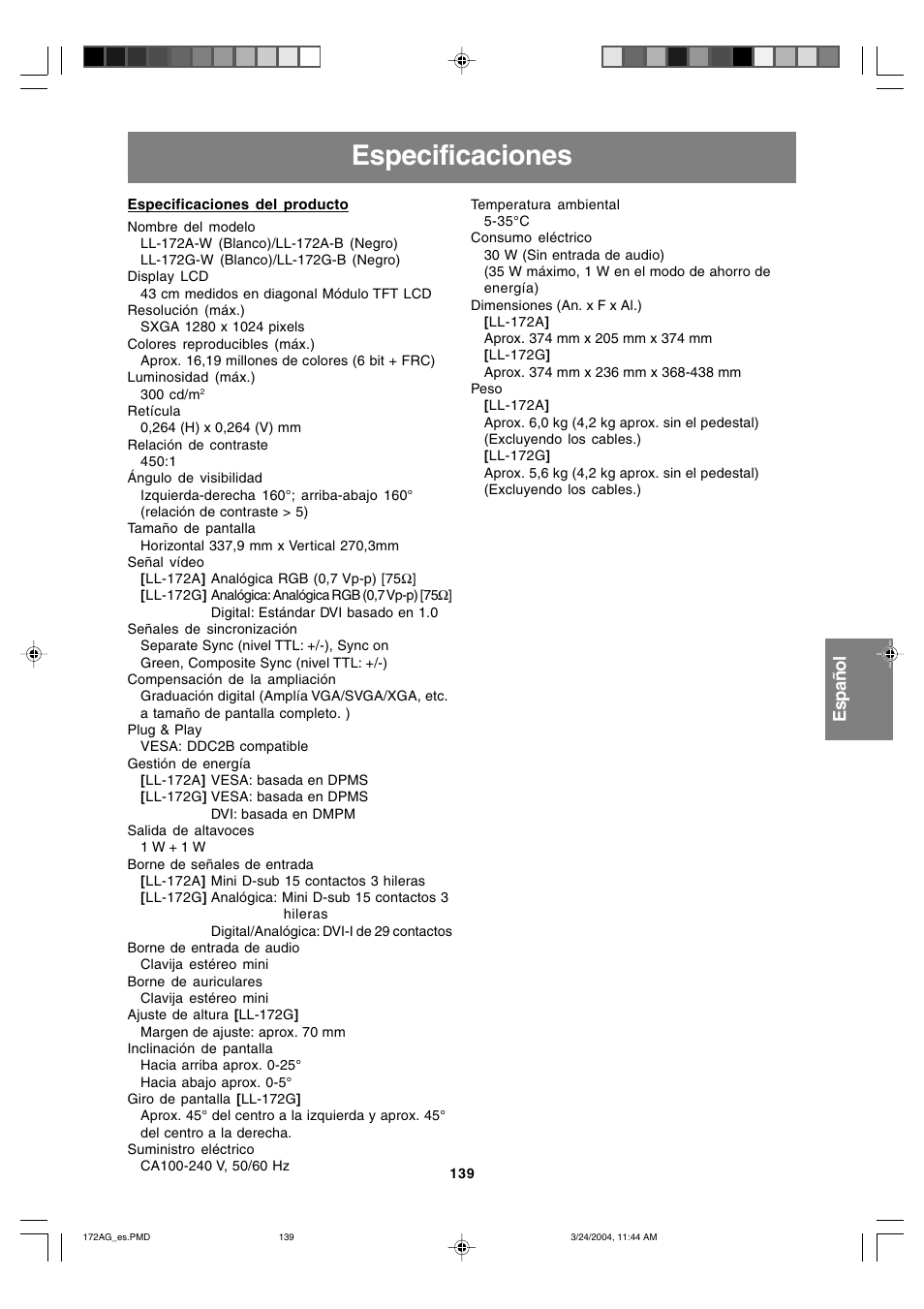 Especificaciones, English deutsch français italiano español english | Sharp LL-172G User Manual | Page 139 / 152