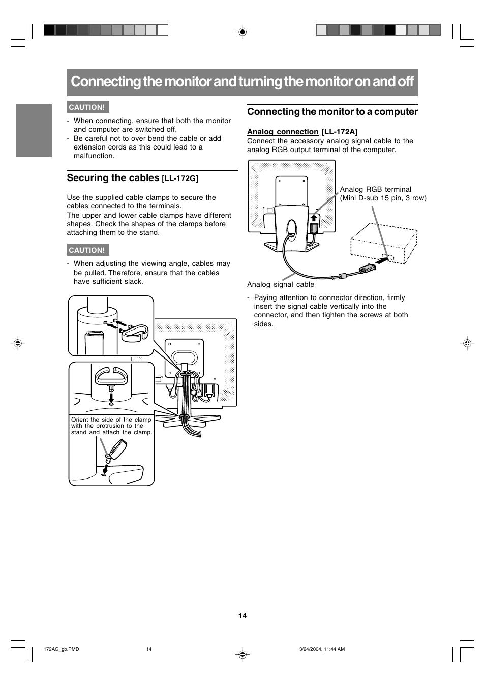 Securing the cables, Connecting the monitor to a computer | Sharp LL-172G User Manual | Page 14 / 152