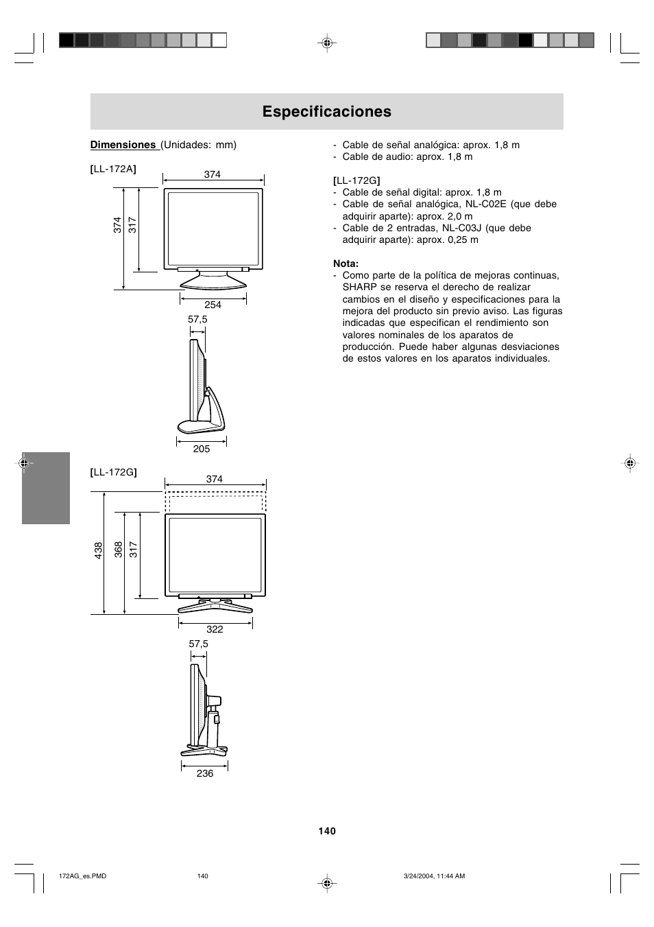 Especificaciones | Sharp LL-172G User Manual | Page 140 / 152