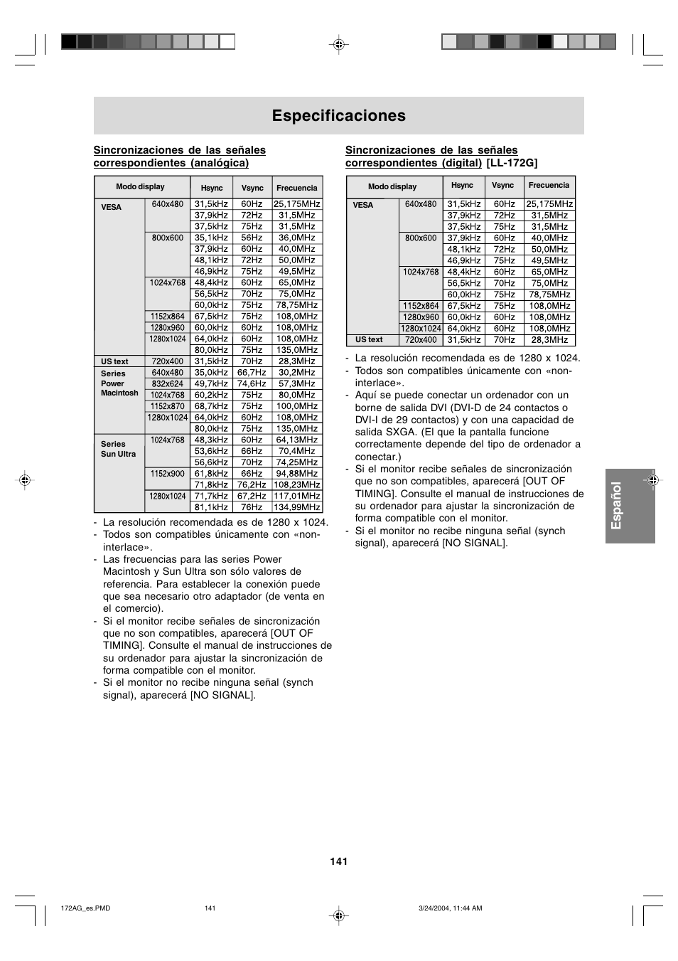 Especificaciones, English deutsch français italiano español english | Sharp LL-172G User Manual | Page 141 / 152