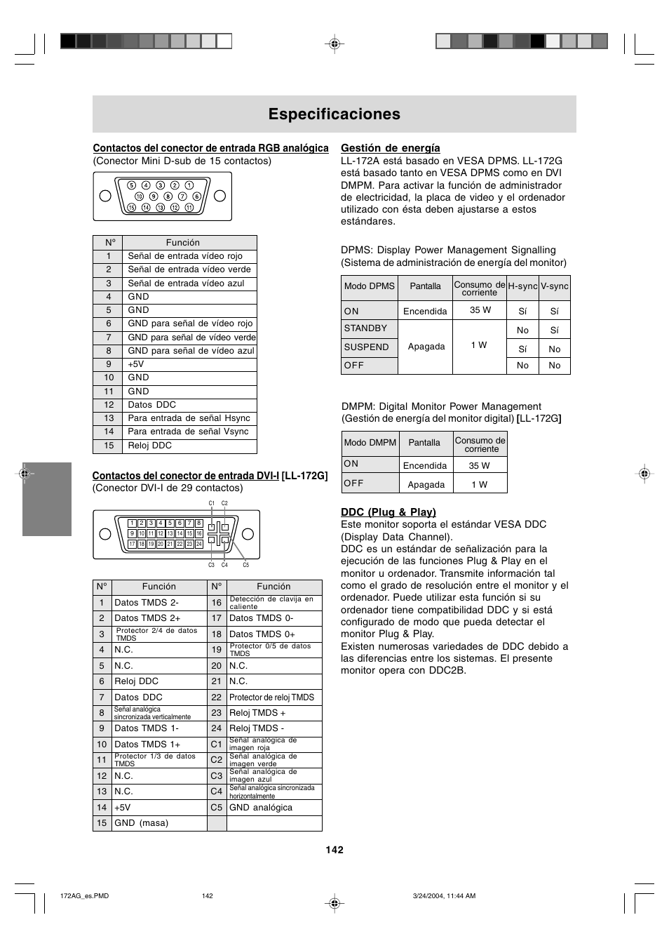 Especificaciones, Gestión de energía, Ddc (plug & play) | Contactos del conector de entrada rgb analógica, Contactos del conector de entrada dvi-i [ll-172g | Sharp LL-172G User Manual | Page 142 / 152