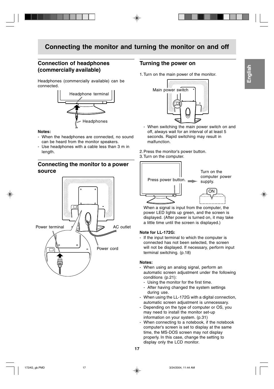 Connection of headphones (commercially available), Connecting the monitor to a power source, Turning the power on | Sharp LL-172G User Manual | Page 17 / 152