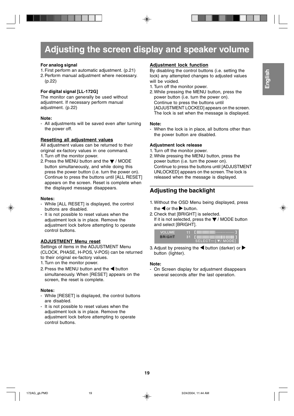 Adjusting the screen display and speaker volume, Adjusting the backlight | Sharp LL-172G User Manual | Page 19 / 152