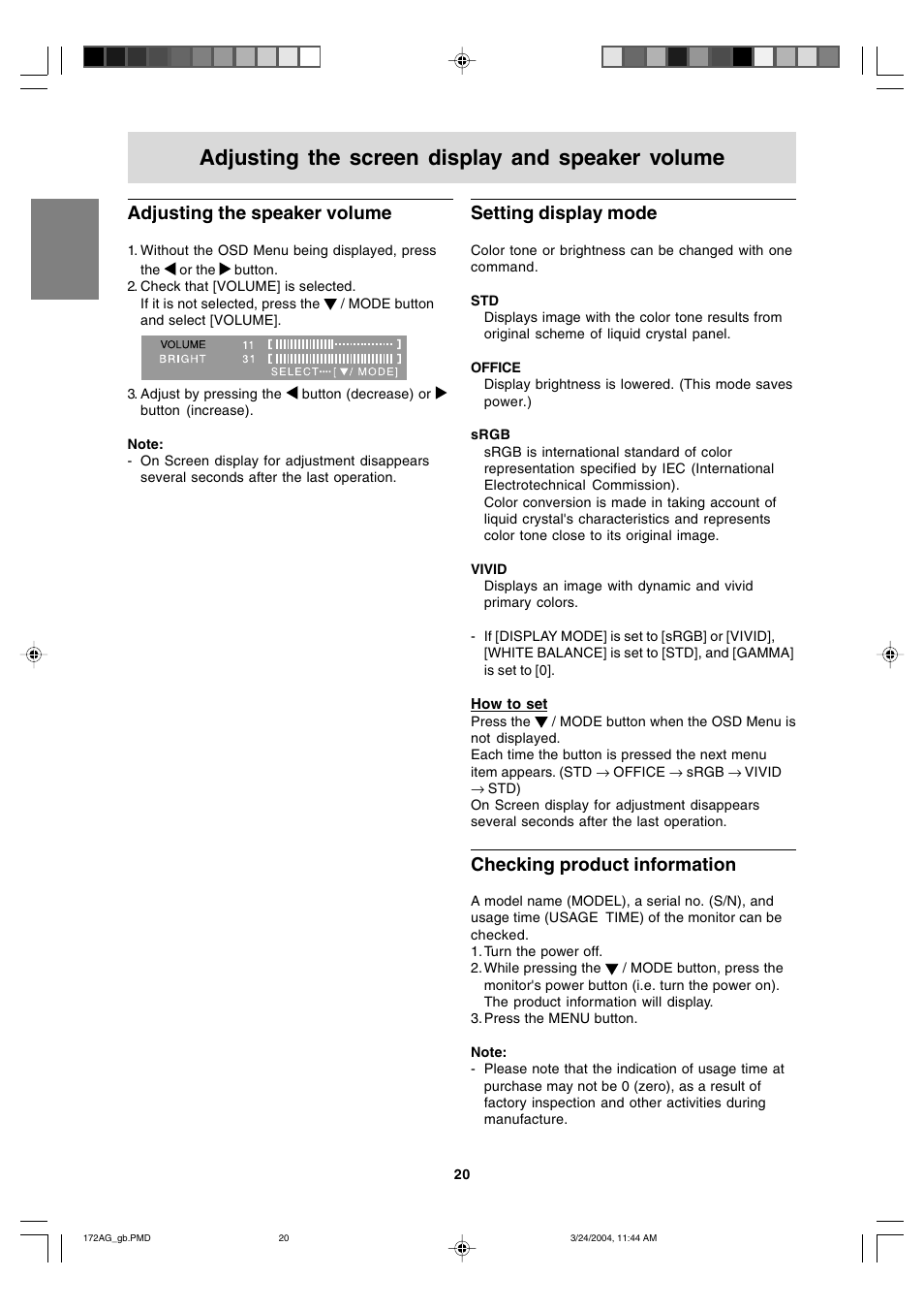 Adjusting the screen display and speaker volume, Adjusting the speaker volume, Setting display mode | Checking product information | Sharp LL-172G User Manual | Page 20 / 152