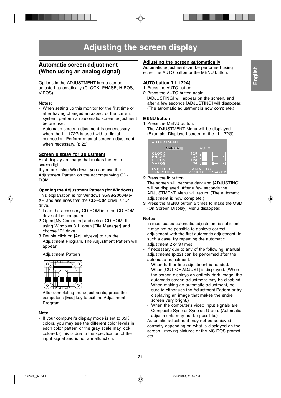 Adjusting the screen display | Sharp LL-172G User Manual | Page 21 / 152