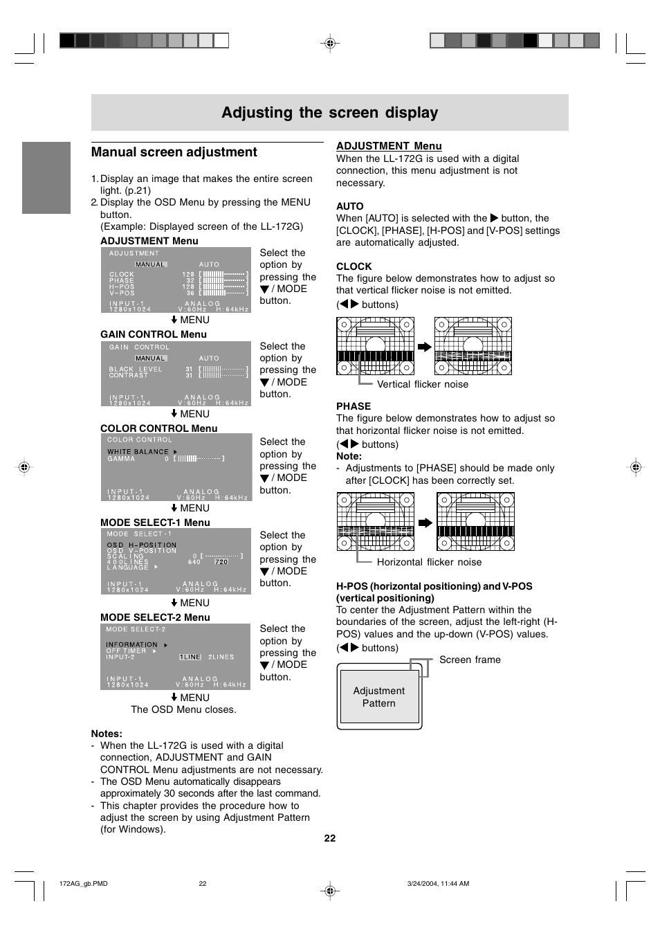 Adjusting the screen display, Manual screen adjustment | Sharp LL-172G User Manual | Page 22 / 152