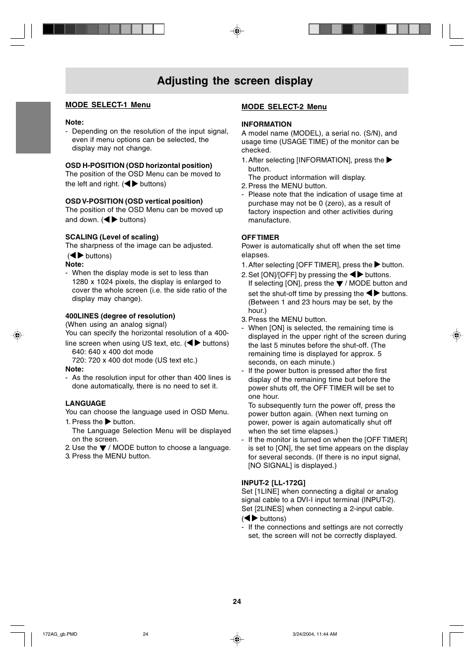 Adjusting the screen display | Sharp LL-172G User Manual | Page 24 / 152