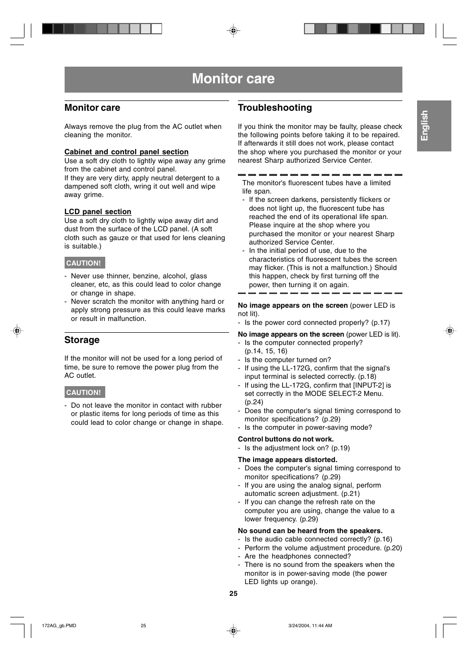 Monitor care, Storage, Troubleshooting | Sharp LL-172G User Manual | Page 25 / 152