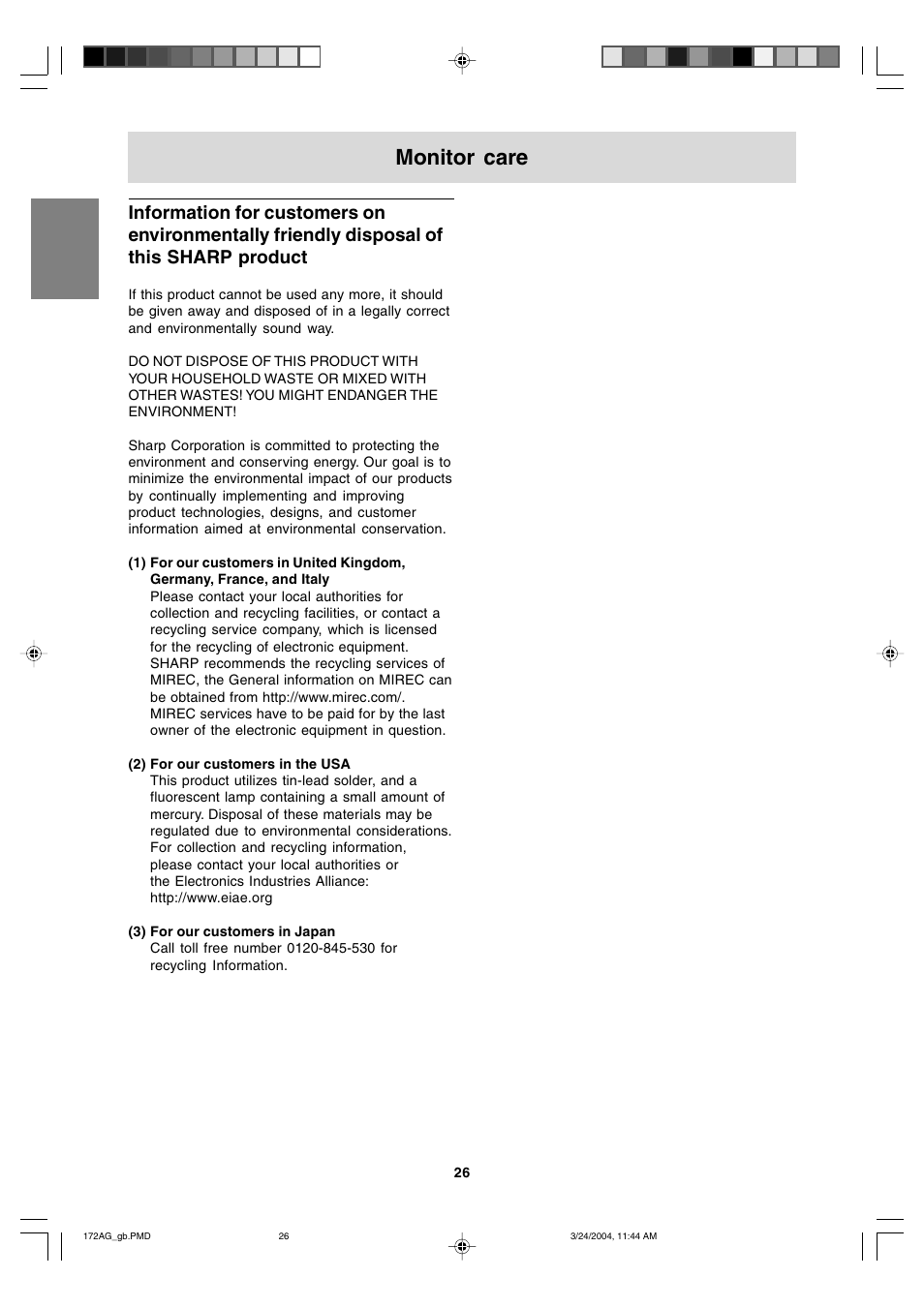 Monitor care | Sharp LL-172G User Manual | Page 26 / 152