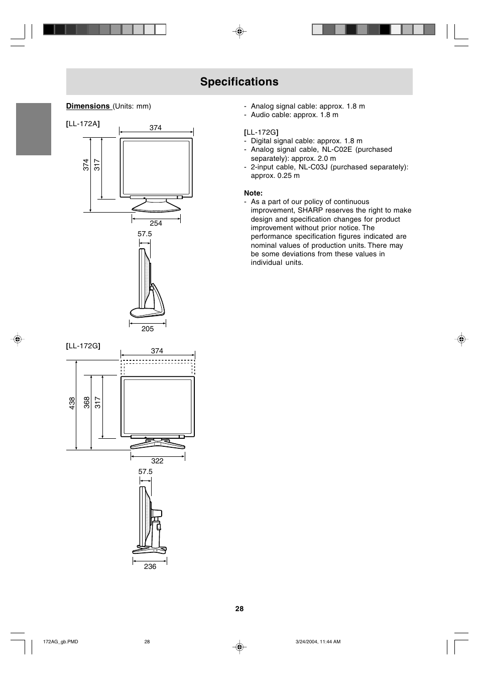 Specifications | Sharp LL-172G User Manual | Page 28 / 152