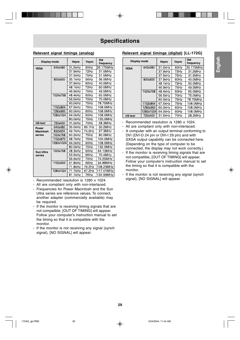 Specifications, English deutsch français italiano español english | Sharp LL-172G User Manual | Page 29 / 152