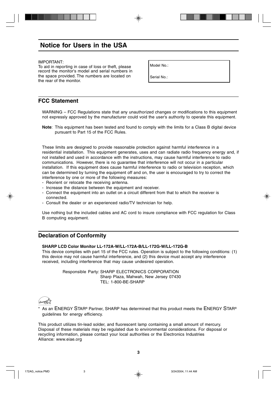 Notice for users in the usa, Fcc statement, Declaration of conformity | Sharp LL-172G User Manual | Page 3 / 152