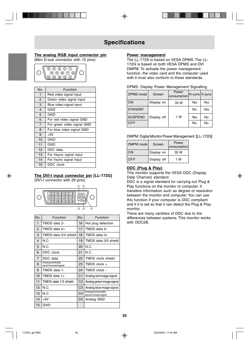 Specifications, Power management, Ddc (plug & play) | The analog rgb input connector pin, The dvi-i input connector pin [ll-172g | Sharp LL-172G User Manual | Page 30 / 152