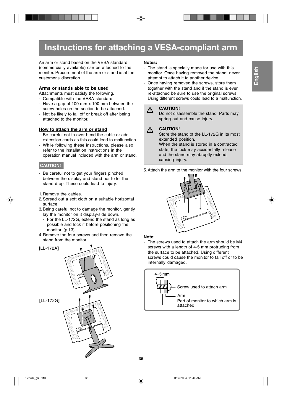 Instructions for attaching a vesa-compliant arm, English deutsch français italiano español english | Sharp LL-172G User Manual | Page 35 / 152